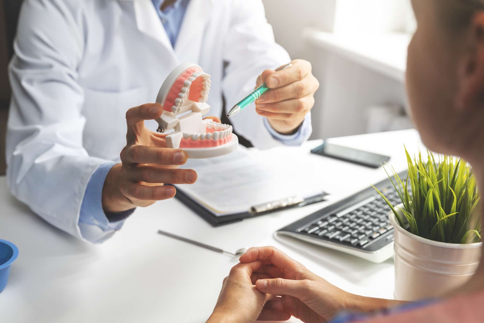Clinician explaining treatment with a dental model