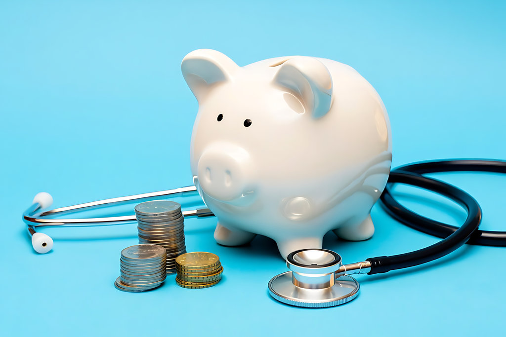 Healthcare Costs and Savings Piggy Bank bank with